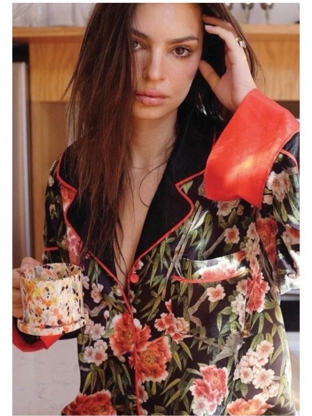 We Are HAH Haht Pajama Top Only!  Flock2gether Noir Satin floral birds red/black
